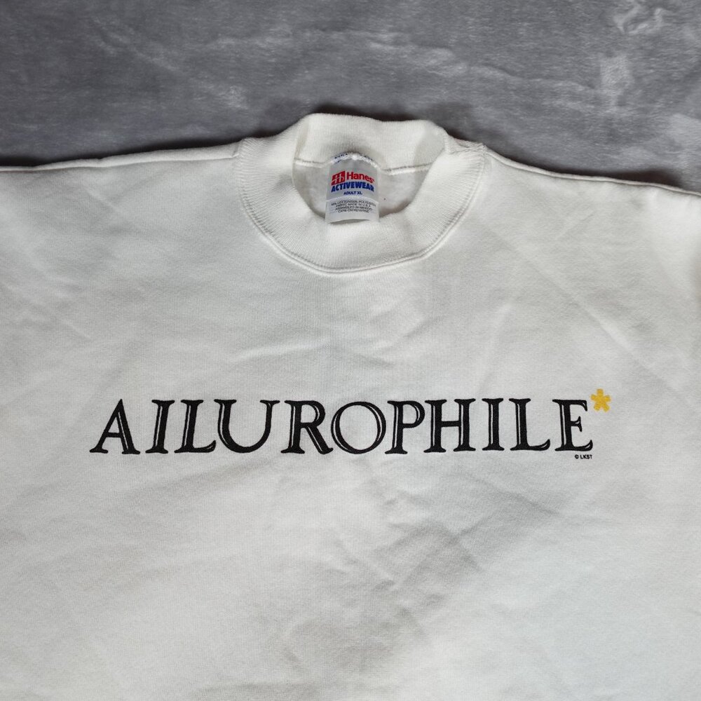 Vintage Ailurophile Cat Lover Sweatshirt Mens XL (Fits L) Crewneck White 90s